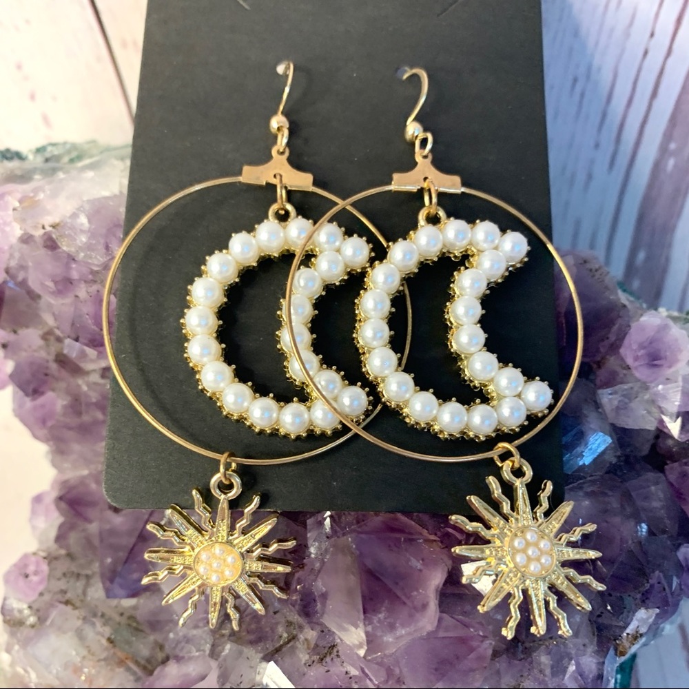 Faux Pearl Sun and Moon Hanging Gold Hoop Earrings